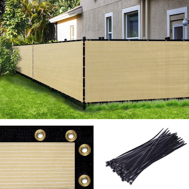 Amgo 5 ' x 12 ' Beige Fence Privacy Screen, Commercial Standard Heavy Duty Windscreen with Bindings & Grommets, 90% Blockage, Cable Zip Ties Included (We Make Custom Size) - Image 1